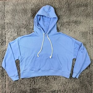 Aerie Light Blue Cropped Hoodie Medium Waffle Knit Pullover Sweatshirt
